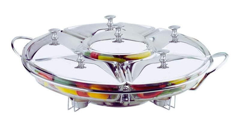 Rechaud Giratório Com 6 Compartimentos Aço Inox E Vidro + Brinde